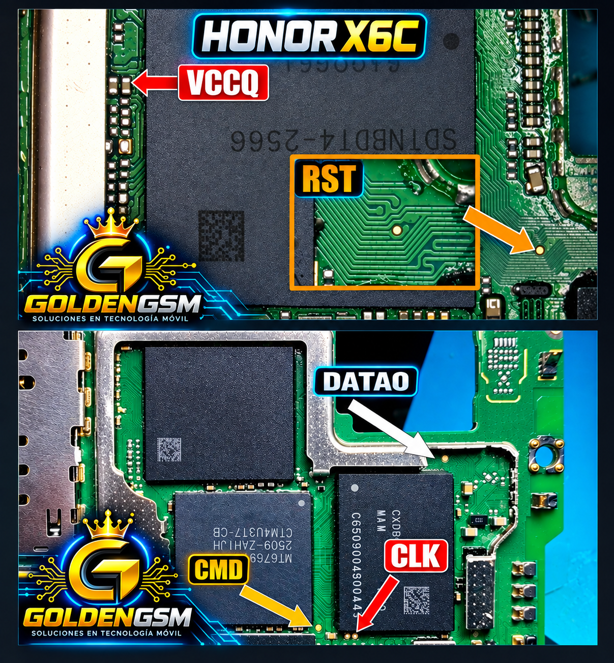 ISP Pinout Honor X6C Conexión VCCQ Y RST Para Conexión Estable A 52MHZ Con F64. Adicional También Debemos Conectar El USB A Carga Rápida...